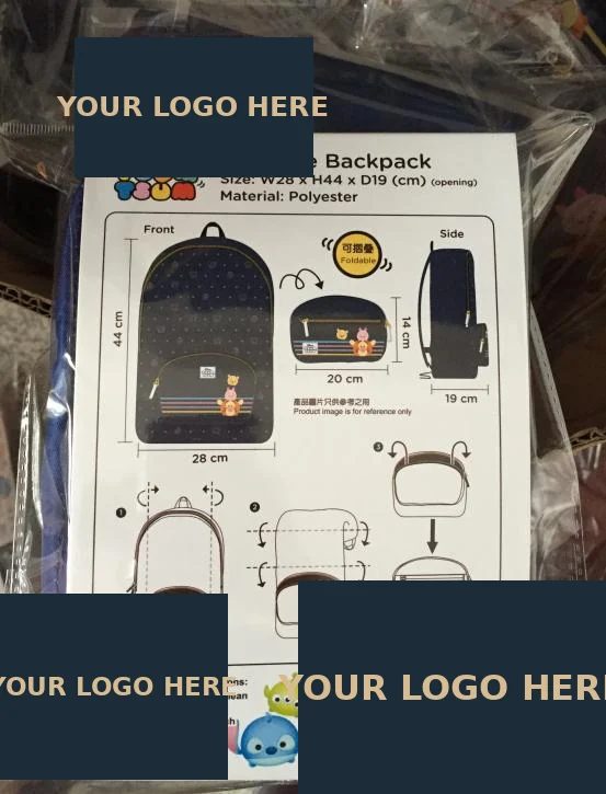 Packed foldable backpack with a card showing dimensions and folding diagrams