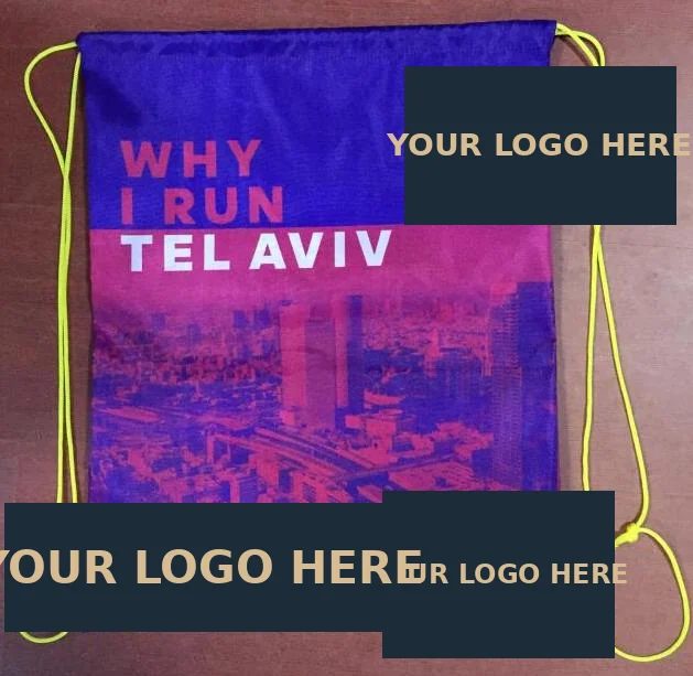 Drawstring bag with a coloured cityscape print across the panel