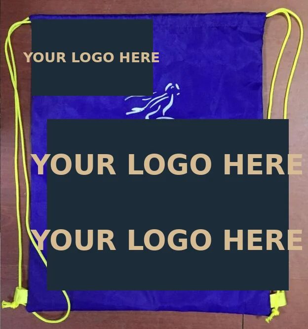 Blue drawstring bag with bright cords and printed front details