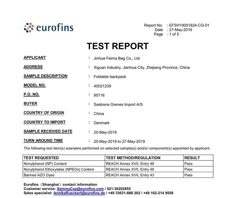Foldable backpack test report for Feima Bag, EFSH19051824-CG-01