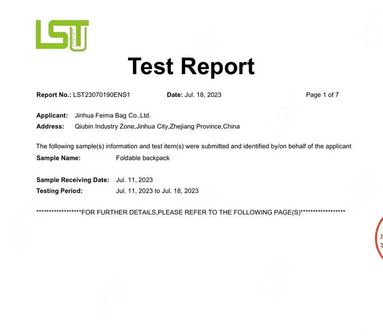 REACH — EU standard test report for Feima Bag, LST23070190ENS1