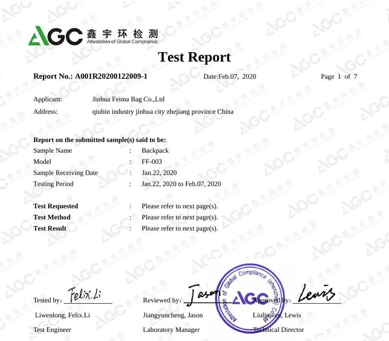 REACH — FF-003 test report for Feima Bag, A001R20200122009-1