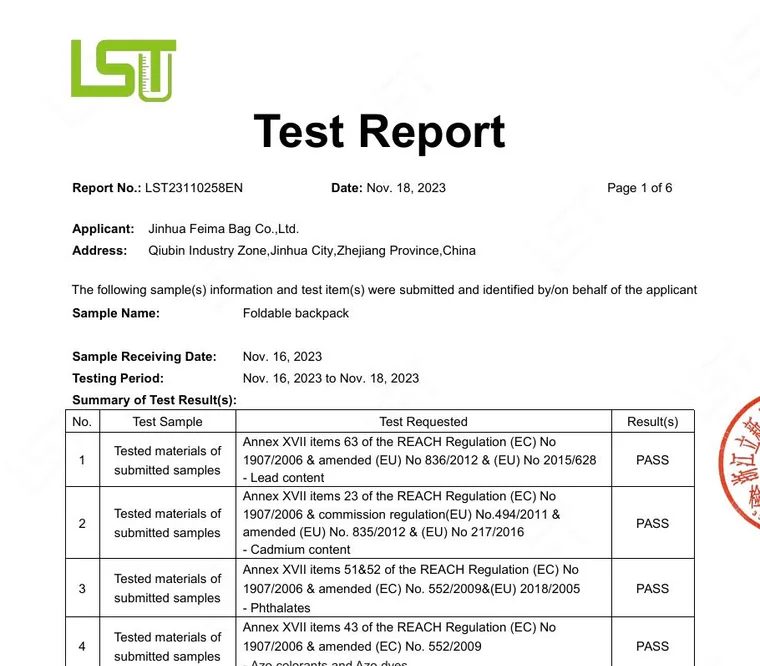 REACH · informe LST23110258EN — Jinhua Feima Bag