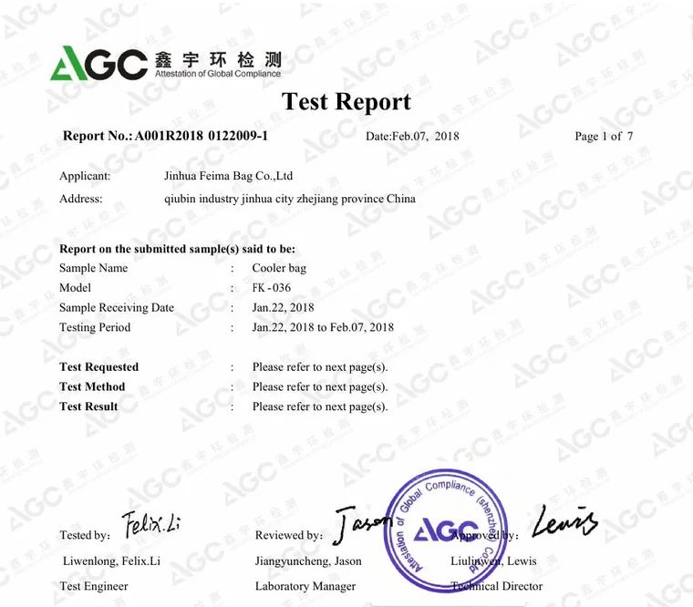 REACH — FK-036 test report for Feima Bag, A001R20180122009-1