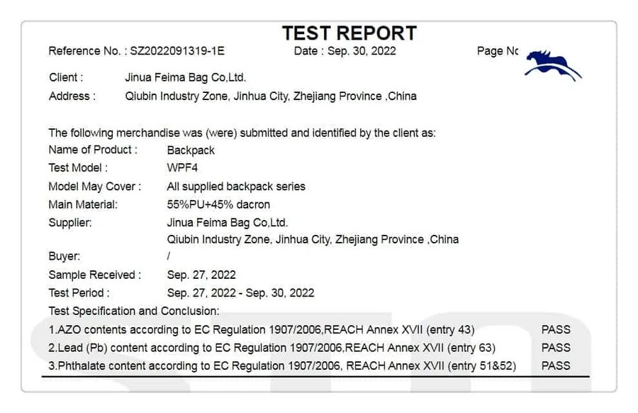 REACH Reports for Bags: Matching the File to the Material — Feima Bag, Jinhua China