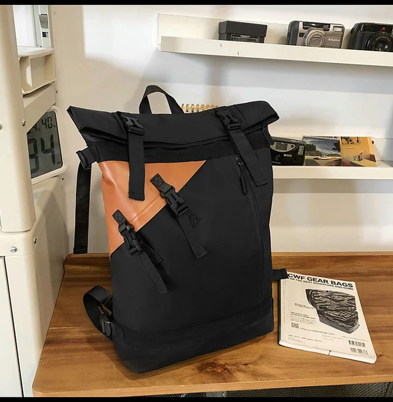 Fold Top Backpack with Angular Contrast Panel FF-230 by Feima Bag