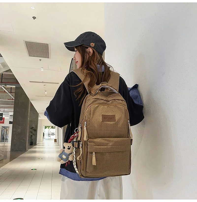 Fine Grid School Backpack with Stacked Front Pockets FG-149 by Feima Bag
