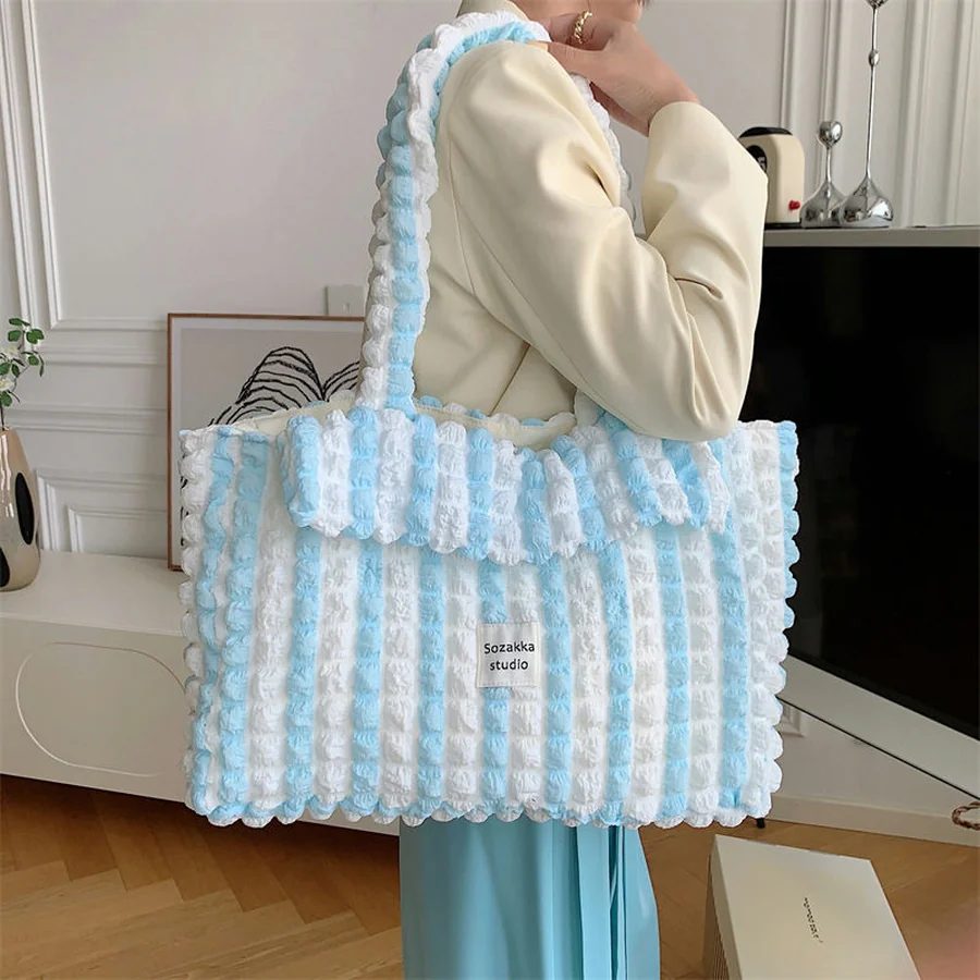 Striped Textured Tote with a Fold-Over Front Panel FBB-006 by Feima Bag