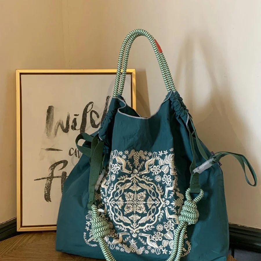 Embroidered Green Tote with Woven Handles FE-162 by Feima Bag